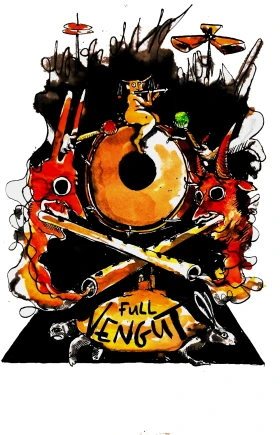 Affiche de Full Vengut.
Dessin représentant un tambour avec des éléments de batterie surplombant deux diablotins émanant de fiffres croisés au dessus d'une créature mi-tortue mi-lièvre sur la carapace de laquelle est écrit "Full Vengut". 